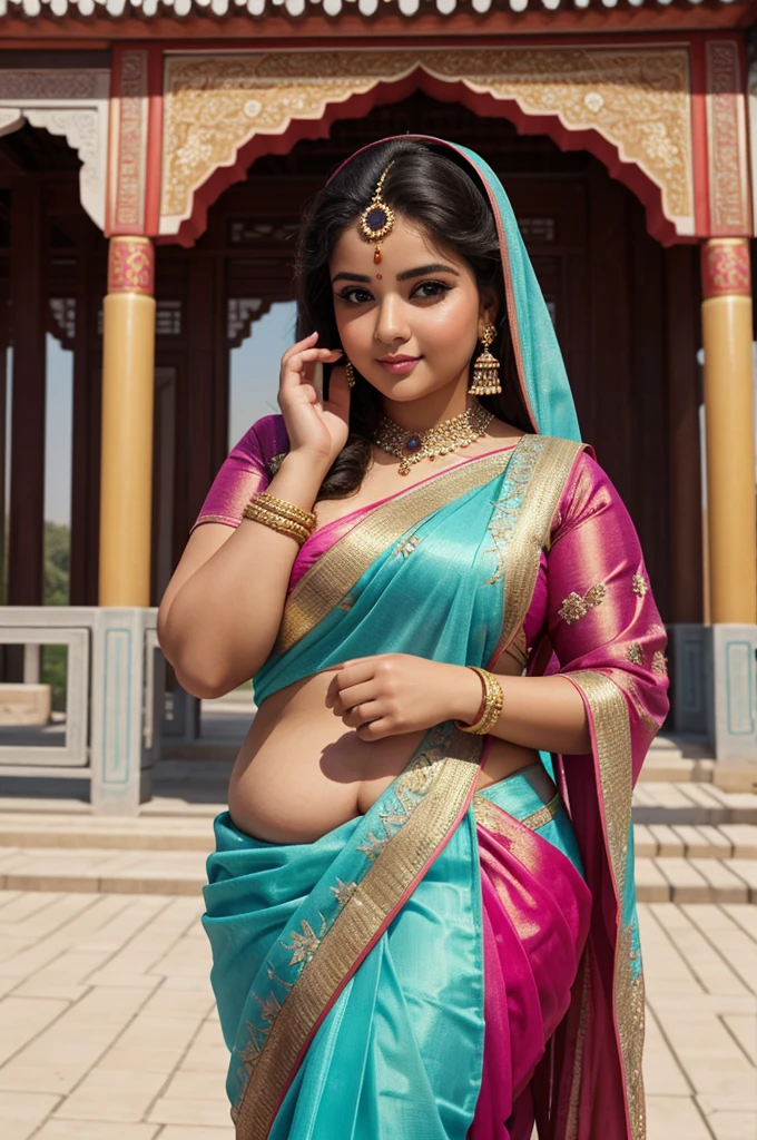 1 Heavenly beautiful and goddess beauty cute and sweet looking face Arabian female in front of Summer Palace, China, Heavenly beautiful Overweight, Heavenly beautiful Extremely fat, Heavenly beautiful and attractive Chubby figure , Heavenly beautiful looking and eye catching luxury style Bandhani Saree , reaching out, Heavenly beautiful Arabian woman, 16k, High resolution, masterpiece, highest quality, fine skin, outside view, Realistic Photograph, close up face view