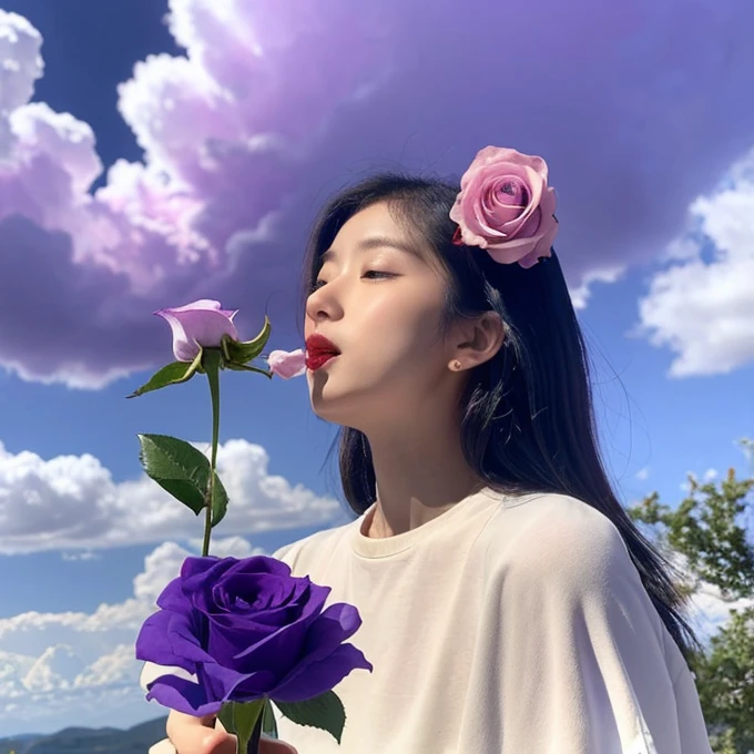 Skeleton holding a rose in his mouth while putting a hand on his chin, He is sitting under some blue and violet clouds