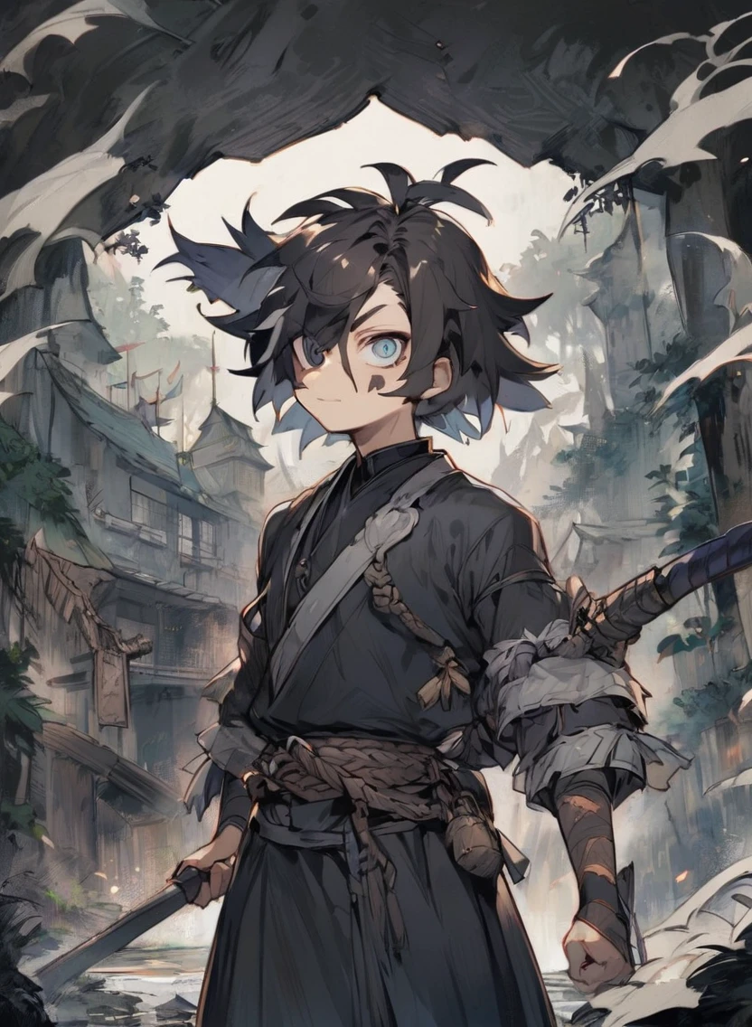 young man ,Male Dark, dark Woods,dark colors, odd eye, samurai dnd, pirate background