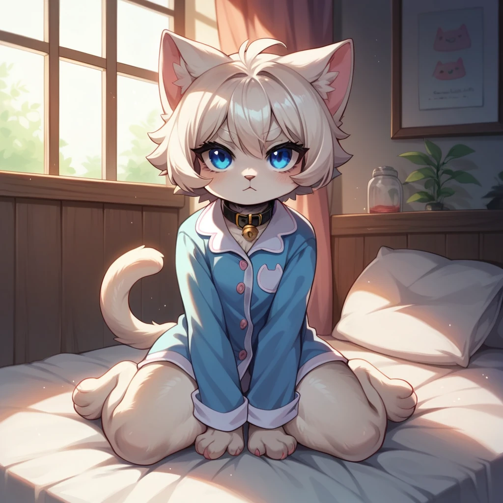 Furry gato, White hair, detailed artwork, sample thighs, cute thighs, shiny thighs, fur covering the thigh and belly, bank coat, blue colored eyes, god of eyes, glare eyes, blue heart in the eyes, white voluminous syrup, detailed grout, black collar with white bell, white ears with pink inside, cute , furry pequeno, Grinning, wearing black cat pajamas, pajamas with cat symbol,sitting on knees, legs open