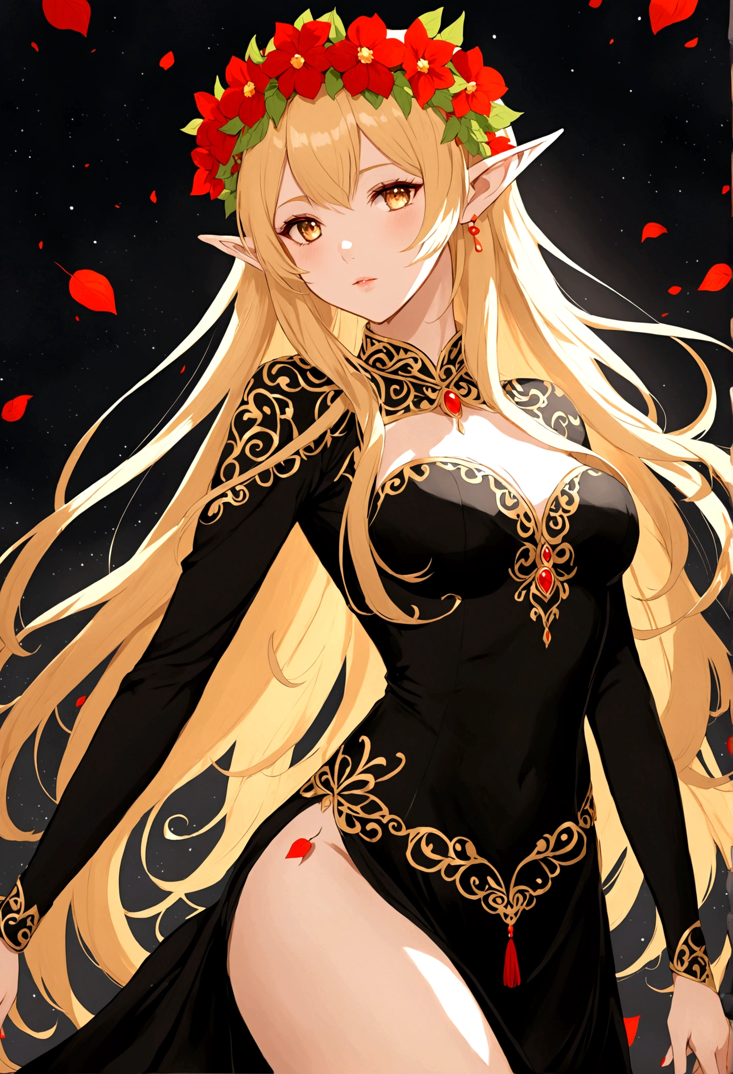 anime - style image of a woman in a black dress with a flower crown, elf girl, elf girl wearing an flower suit, elf princess, zerochan art, blonde anime girl with long hair, cushart kenz, rossdraws sakimimichan, trends on artstation pixiv, an elf queen, anime girl wearing a black dress,