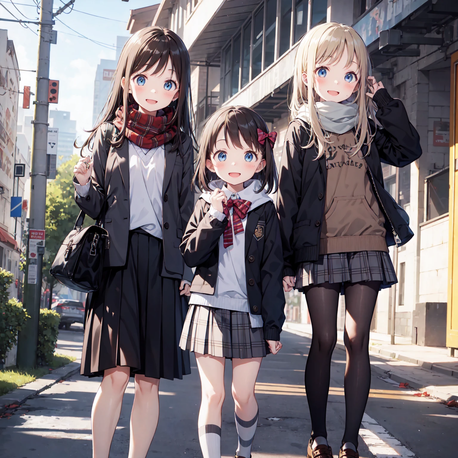 finely DetaileD illustration, best quality, masterpiece, vibrant color,8-year-old、pretty girl、幸せなsmile、Beautiful background,Long Hair, View your audience, blush, smile, Open your mouth, bangs, blue eyes, Multiple Girls, skirt, Brown Hair, shirt, Black Hair, Long sleeve, bow, Brown eyes, very Long Hair, , Are standing, Jacket, white shirt, :D, Sweat, pleateD skirt, Outdoor, Open clothes, shoes, Day, shoes下, Striped, collareD shirt, Please raise your hand, Three Girls, bag, scarf, reD bow, open Jacket, black Jacket, V-shaped eyebrows, Sleeves are longer than the wrist, parteD bangs, Plaid, Knee-length, nose blush, Plaid skirt, Brown footwear, flying SweatDrops, blazer, cardigan, loafers, grey skirt, school bag, Striped bow, Diagonal stripes, station
