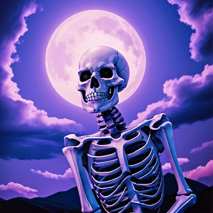 Skeleton holding a rose in his mouth while putting a hand on his chin, He is sitting under some blue and violet clouds
