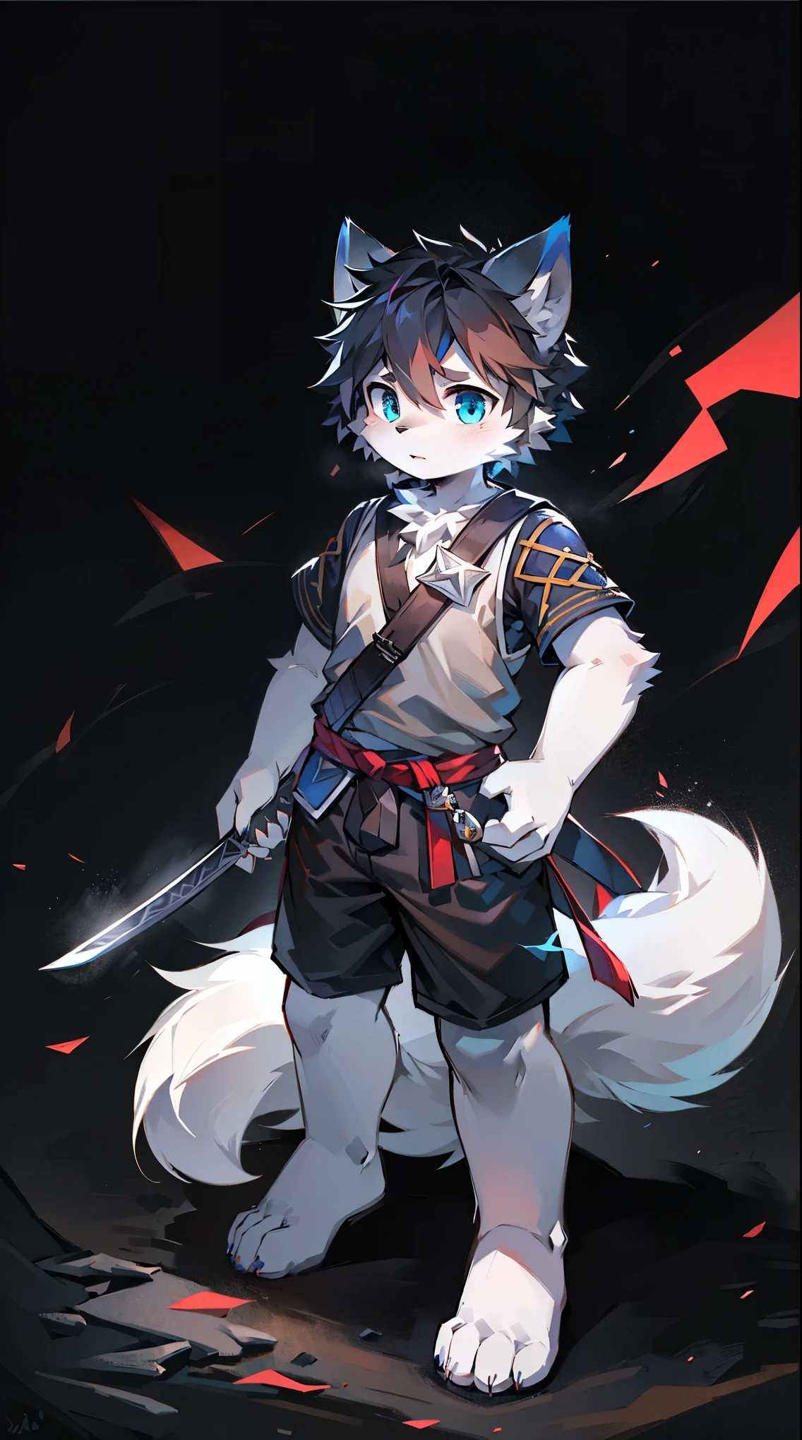 White Wolf,Black Hair,Sky blue eyes,hairy,Wolf's ears,Wolf Tail,Full body portrait,The character is in the center of the picture,hansome,Confident eyes***but,juvenile,Black and white combat uniform,Red collar bib,Black shorts,Short sleeve,hairy胳膊和腿,Dark background,Dark battlefield,dawn,sunrise,dawn,illumination,shadow,swordsman,The scabbard and the hilt held in the hand,Scabbard at waist,Highest quality