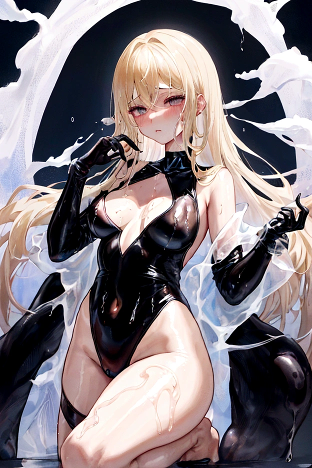 Full body black rubber suit　A slimy body covered in mucus rain　Pouring rain　My whole body is covered in mucus　anime　Figure skater　The whole body has a metallic sheen　Blonde Long Hair　Pouring rainずぶ濡れ　Gothic Black Choker　Wet and transparent black super long gloves　Wet and transparent black leotard　Black Pantyhose　Very upturned gaze　My eyes widen in surprise　Eyes very open　Embarrassing　Big breasts that look like their clothes will rip off　very large chest　Extremely distended chest　huge chest bulge　cute　Pitiful　clear　Small eyes　Droopy eyes　Small lips　Pale pink rouge　Royal City Basement　Old bed　hair band　Wet and see-through black bodysuit　Black See-Through　Mucus all over the body　Wet lips　Sweat is pouring out from my whole body　Mucus is stringy　Glossy with lotion　Embarrassing　Blushing　White Wet　大量のWhite Wet　Oily and shiny skin　Covered in oil　Whole body covered in slime