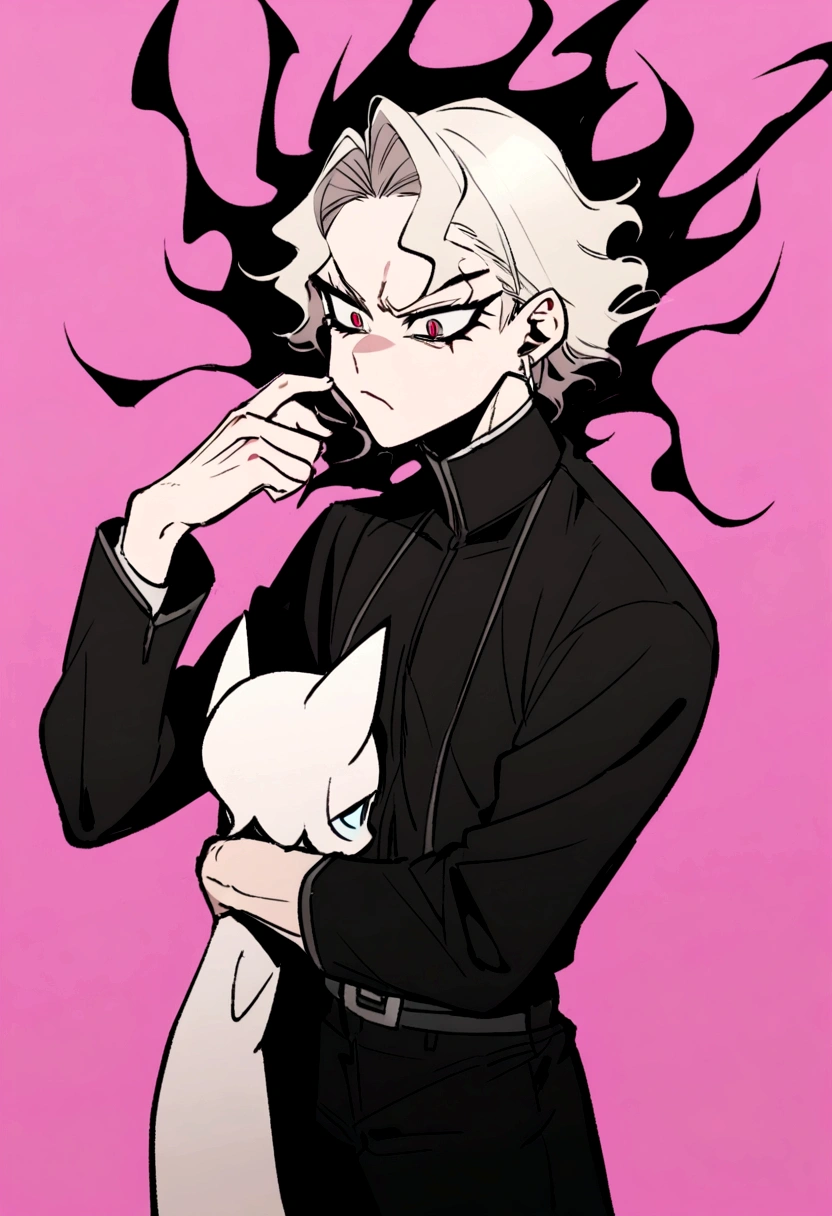 1boy, 1eye only, white hair, red eye, black sash shirt, white shirt, black sleeves, black pants, red tentacles in back, mechanical tentacle, looking on side