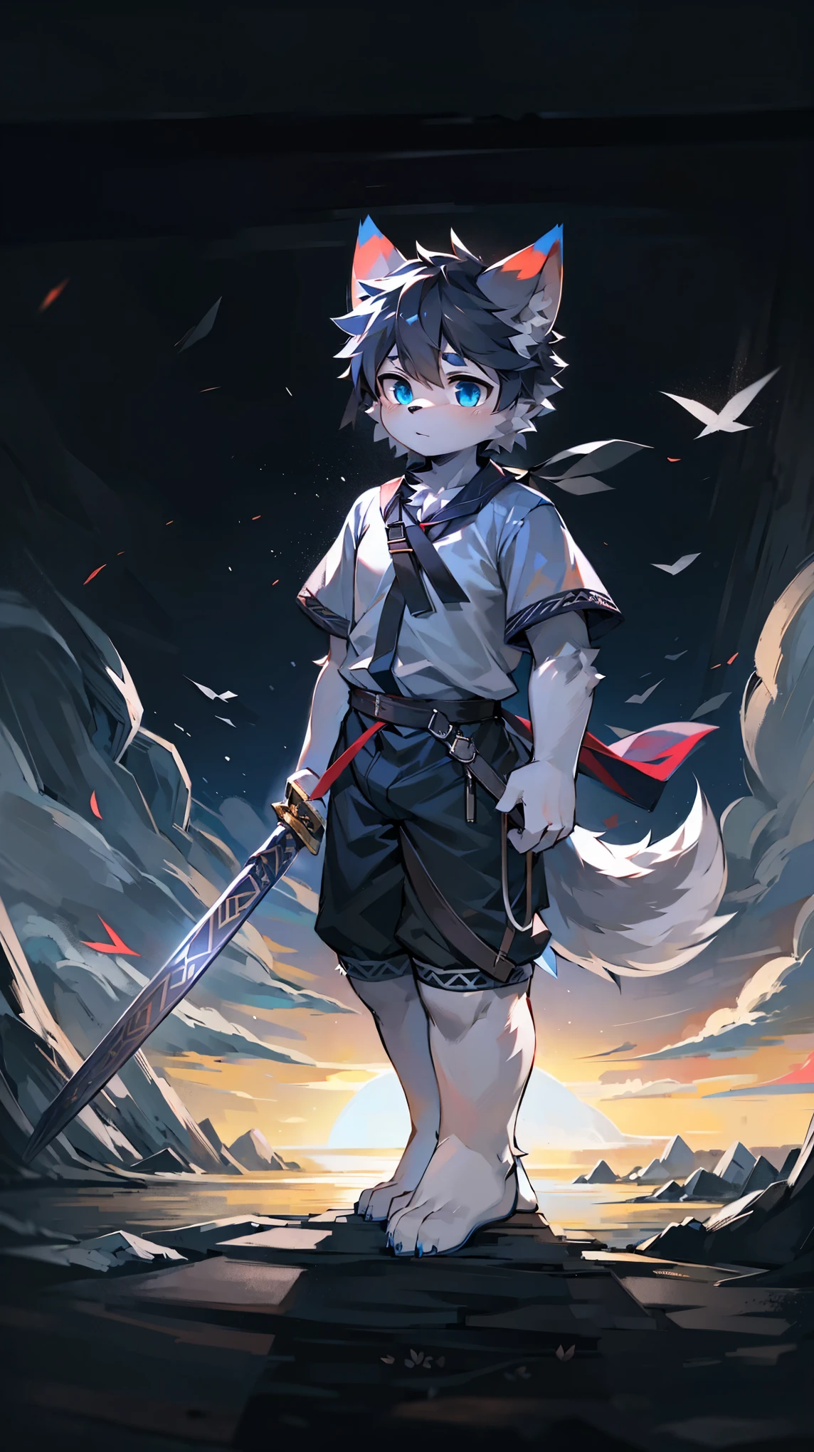 White Wolf,Black Hair,Sky blue eyes,hairy,Wolf's ears,Wolf Tail,Full body portrait,The character is in the center of the picture,hansome,Confident eyes***but,juvenile,Black and white combat uniform,Red collar bib,Black shorts,Short sleeve,hairy胳膊和腿,Dark background,Dark battlefield,dawn,sunrise,dawn,illumination,shadow,swordsman,The scabbard and the hilt held in the hand,Scabbard at waist,Highest quality