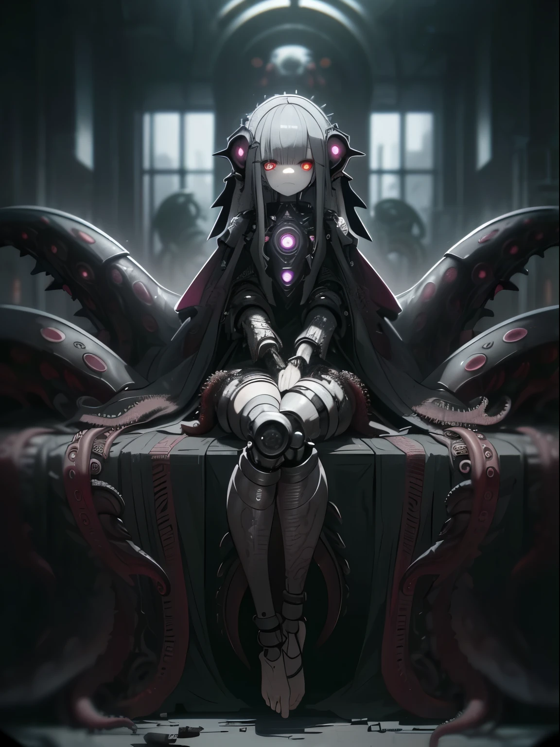 (((Gloomy Tentacle Biopunk))), ((Gloomy biopunk girl)), Iron mask, ((Many long, closed garments)), Biopunk cape-shaped clothing, (Closed posture),(((masterpiece))), ((best quality)), (Super Detail), (CG Illustrations), (so beautiful),altar,Offspring of the Evil God,(Full breasts:1.7),beautiful girl,Tentacle armor, (A body wrapped in mechanical tentacles:1.6),Tentacle Room,Sexual suggestion,Barefoot,(barefoot:1.6),血肉altar,cursed, sit, Cold Lighting, Abandoned biopunk landscape, (Disdain for video game style), Horror atmosphere, There are some scary things, Highly detailed biopunk background, Background provided by Hans Giger, Perfect anatomical structure, masterpiece