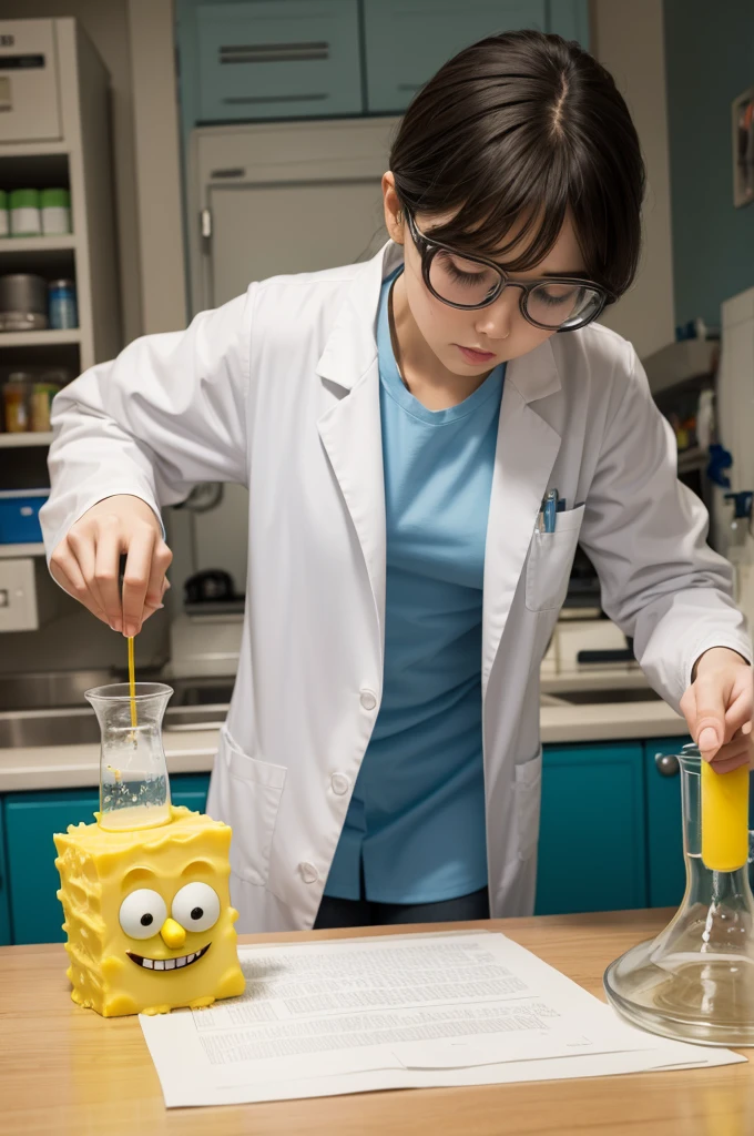 SpongeBob doing a chemistry experiment on a table , lab coat dress