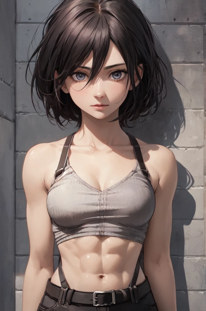 1girl,ultra high details, ultra high auality,(highly detailed face)1.2,(high quality of face)1.3,Mikasa Ackerman,highly detailed abs,perfect female anatomy, best quality of shadows,highly detailed muscles,beautiful face,volume shadows
