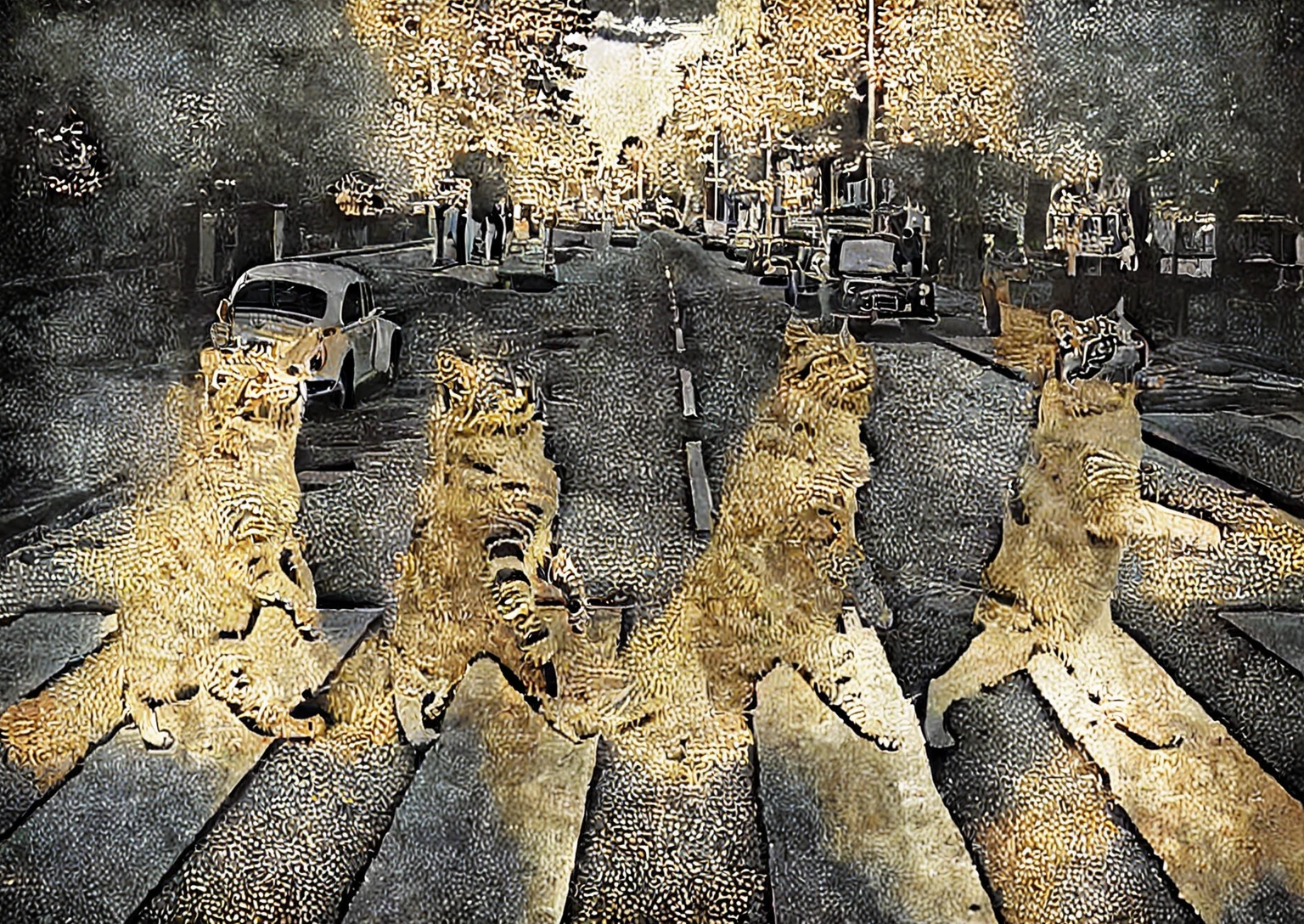 The ginger cat and the gray tabby cat and the black cat and the white cat, walking on two legs in line, crosswalk on the road, parody with the beatles abbey road poster, digital anime painting style