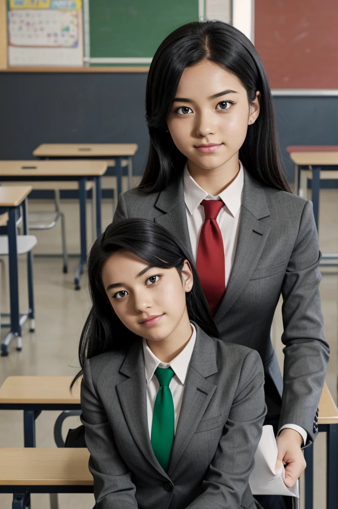 Boku no hero academia screenshot of a teenager, black hair, happy, uniform, a gray blazer, red tie and green skirt, she is sitting leaning her head on her arm, background classroom.