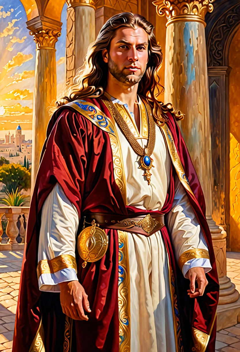 King David standing, proud body highlighting his power and glory detailed portrait, tails, long brown hair, royal robe, majestic background, ancient city, golden light, wise expression, Historical accuracy, oil painting, complex brush strokes, swirly vibrant colors. 