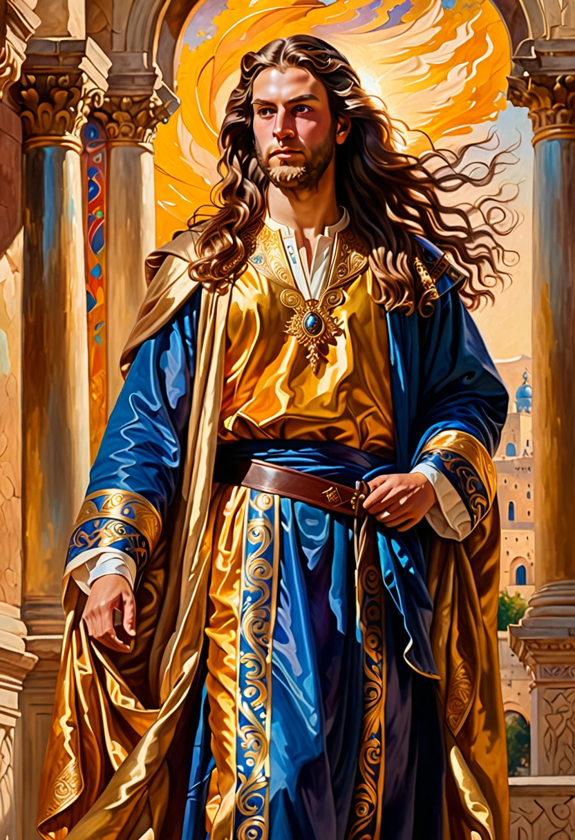 King David standing, proud body highlighting his power and glory detailed portrait, tails, long brown hair, royal robe, majestic background, ancient city, golden light, wise expression, Historical accuracy, oil painting, complex brush strokes, swirly vibrant colors.