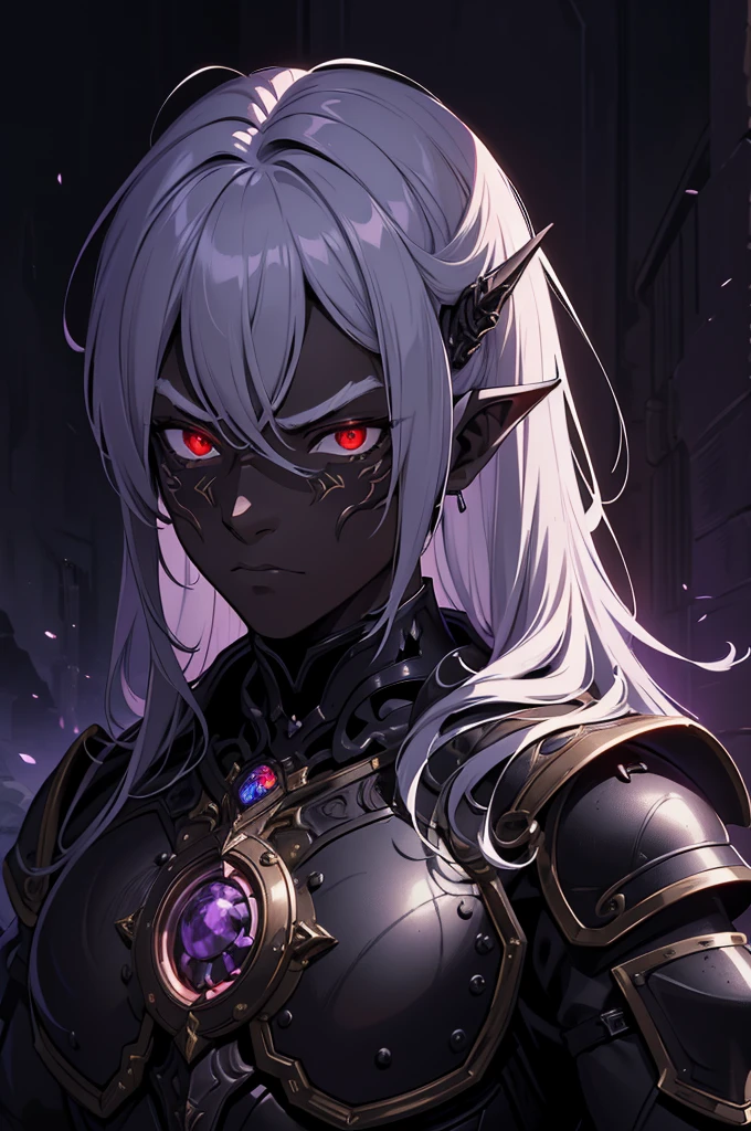 masterpiece, best quality, ultra high res, dark theme, 1boy, (dungeonpunk armor), (mechanical steampunk armor), (wearing armor), fantasy illustration, dark skinned, human, upper body, portrait, red eyes, long white hair, half-drow, pointy ears, serious face, young man, dramatic lighting, purple hue, art by Kinema Citrus