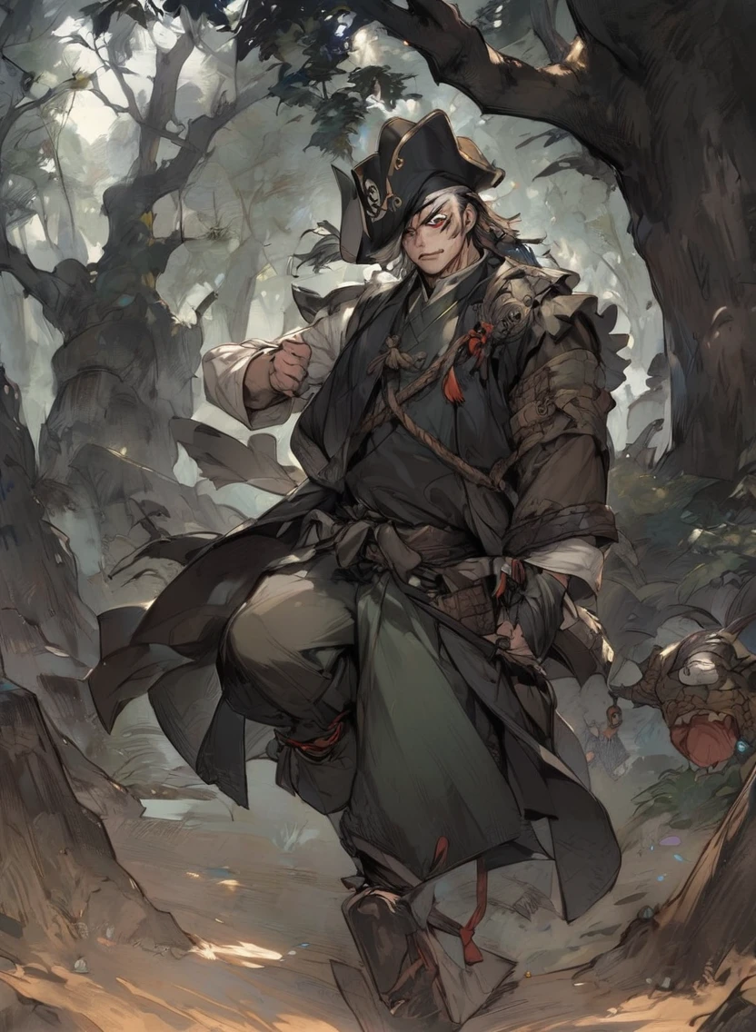 man ,Male Dark, dark Woods,dark colors, odd eye, samurai dnd, pirate background