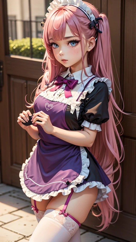 1girl, apron, bow, cube hair ornament, dress, frills, gloom (expression), hair ornament, heart, heart hands, long hair, looking away, maid, maid apron, maid headdress, mary janes, one side up, pink hair, shaded face, shoes, short dress, solo, sweatdrop, thighhighs, white thighhighs, zettai ryouiki,