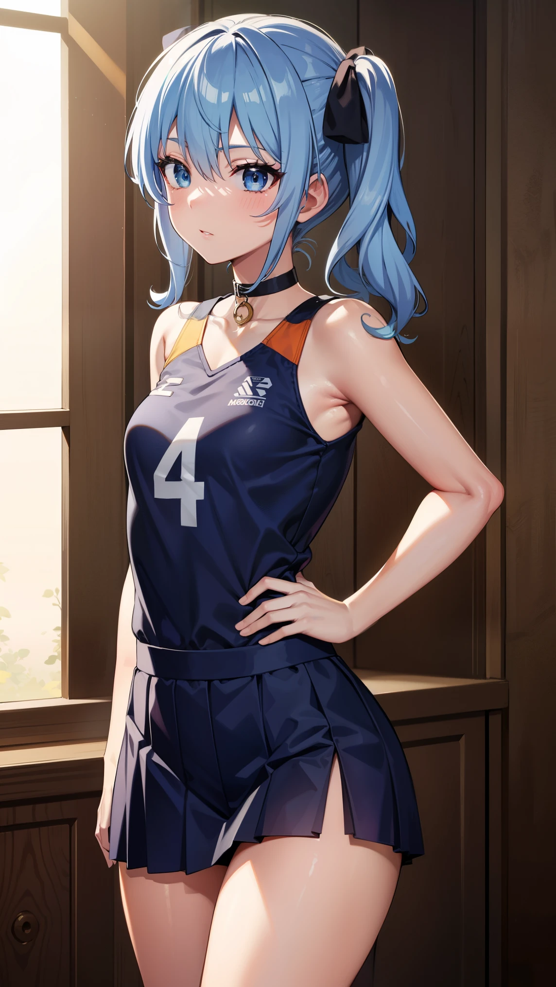 Hoshimachi Suisei,blue eyes,blue hair,choker,hair between eyes,medium hair,side ponytail,Star choker,(small breasts:1.2),
BREAK (blouse and long skirt:1.2),
BREAK (crotch rope walking:1.0), volleyball player, shiny skin, watching the view, seductive thighs, cameltoe, bare arms, bare hands, bottomless,
BREAK (masterpiece:1.2), best quality, high resolution, unity 8k wallpaper, (illustration:0.8), (beautiful detailed eyes:1.6), extremely detailed face, perfect lighting, extremely detailed CG, (perfect hands, perfect anatomy),