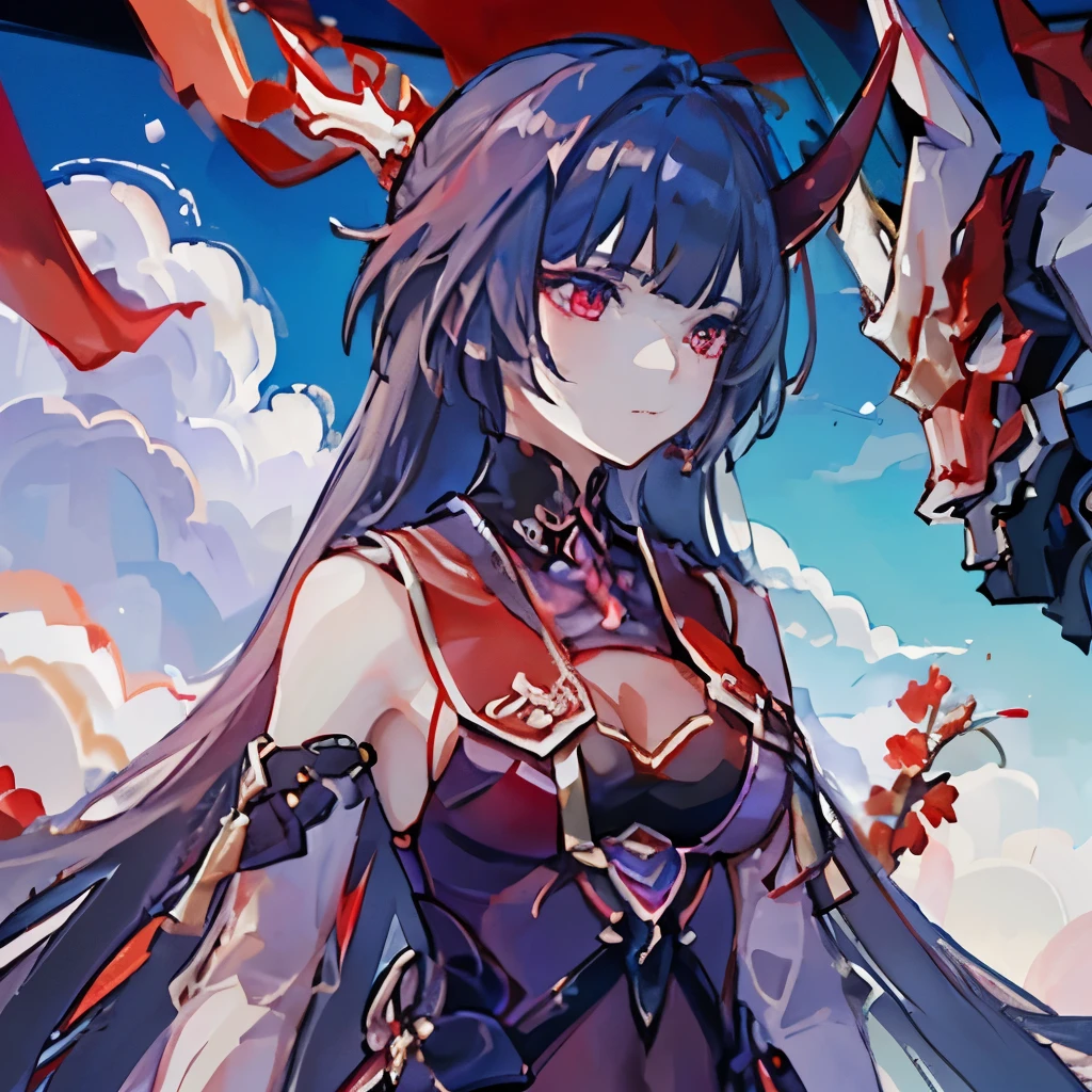 (Masterpiece), (Excellent), (Extremely Fine), White Dew, Square, Looker, (((2 Red Horns))), Upper Body, Flowers, Streamers, Clouds, Details, (((red dress, red armor)))), red thunder, red background