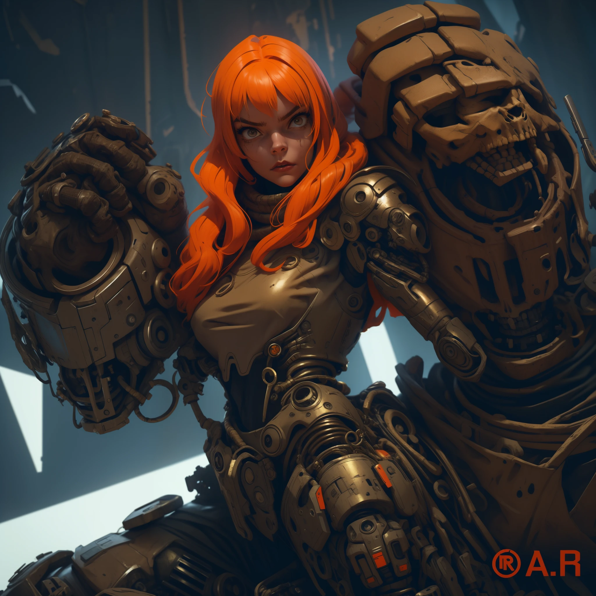 A highly detailed and realistic skull girl,( Anya. Taylor Joy) cyberpunk character, mad max furiosa, one hand robot, cyborg arm, orange hair, dramatic metal heavy rock theme, best quality, 8k, hyperrealistic, photorealistic, extreme detailed painting, studio lighting, vivid colors, dark moody atmosphere, cinematic, dramatic pose, intricate mechanical details, glowing energy effects, intense gritty textures, seamless integration of organic and inorganic elements. Wearing the used clothes of a wastelander. Background: An apocalyptic wasteland. Dusty and depressing.