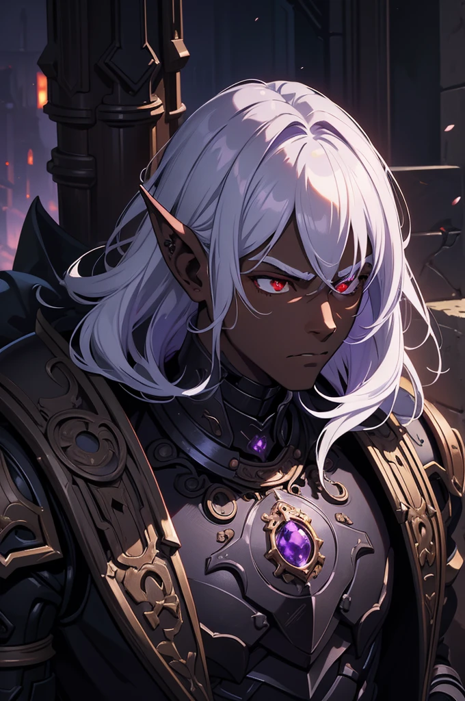 masterpiece, best quality, ultra high res, dark theme, 1boy, (dungeonpunk armor), (mechanical steampunk armor), (wearing armor), fantasy illustration, dark skinned, human, upper body, portrait, red eyes, long white hair, half-drow, pointy ears, serious face, young man, dramatic lighting, purple hue, art by Kinema Citrus