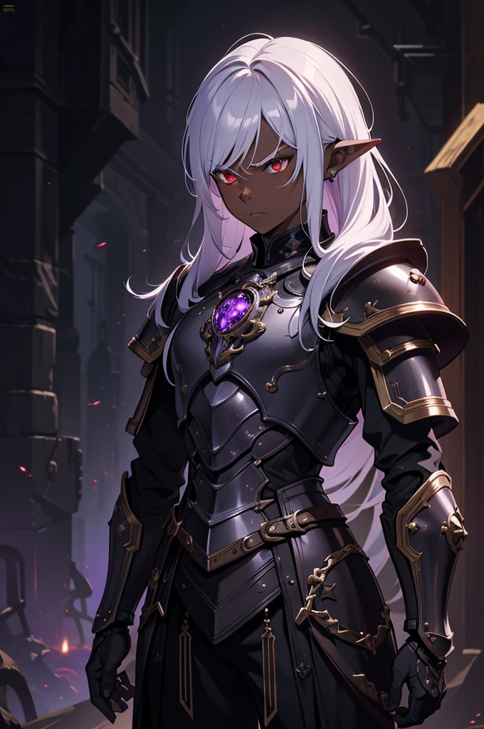 masterpiece, best quality, ultra high res, dark theme, 1boy, (dungeonpunk armor), (mechanical steampunk armor), (wearing armor), fantasy illustration, dark skinned, human, upper body, portrait, red eyes, long white hair, half-drow, pointy ears, serious face, young man, dramatic lighting, purple hue, art by Kinema Citrus