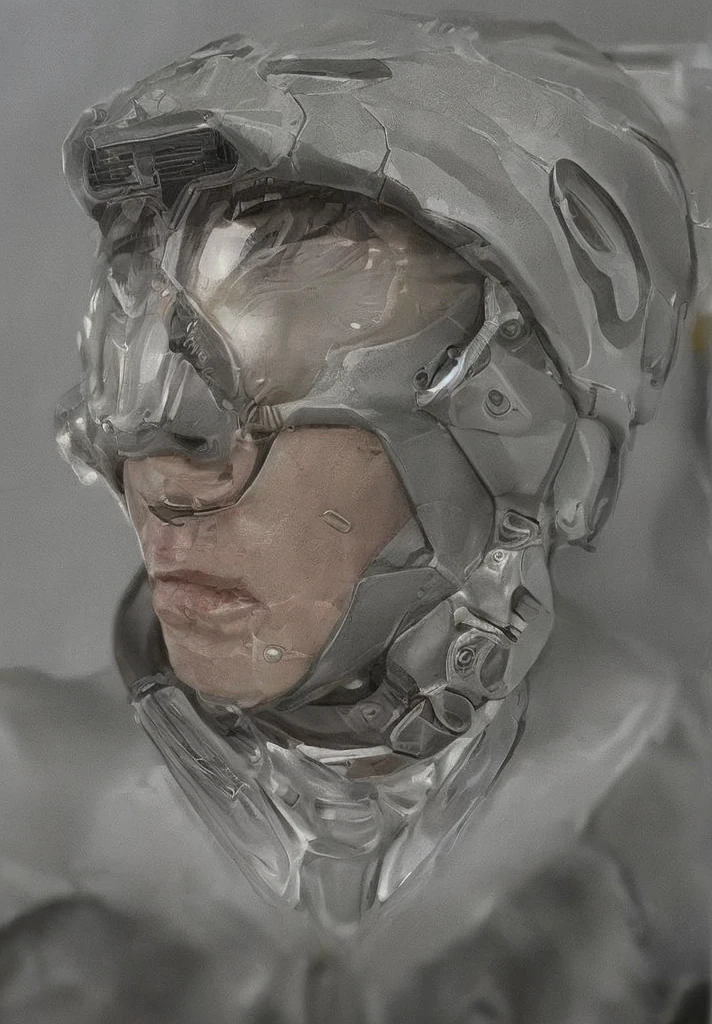 (full body, (dynamic pose), action pose), (rim lighting, studio lighting, distant moon light, night, bloom), (cinematic, best quality, masterpiece, ultra HD textures, highly detailed, hyper realistic, intricate detail, 8k, photorealistic, concept art, matte painting, autodesk maya, vray render, ray tracing, hdr), (dslr, full frame, 16mm focal length, f/8 aperture, dynamic perspective, dynamic angle, golden ratio, wide photography, wide field of view, deep depth of field, zoom out) techwear, urbansamurai 3d, realistic cyborg in a cyberhelmet head 