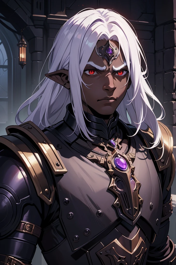 masterpiece, best quality, ultra high res, dark theme, 1boy, (dungeonpunk armor), (mechanical steampunk armor), (wearing armor), fantasy illustration, dark skinned, human, upper body, portrait, red eyes, long white hair, half-drow, pointy ears, serious face, young man, dramatic lighting, purple hue, art by Kinema Citrus