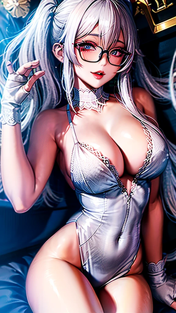a cute anime girl with white hair, wearing cute glasses, a hot bra, and using lipstick, detailed facial features, beautiful eyes, photorealistic, 8k, high quality, digital art, masterpiece