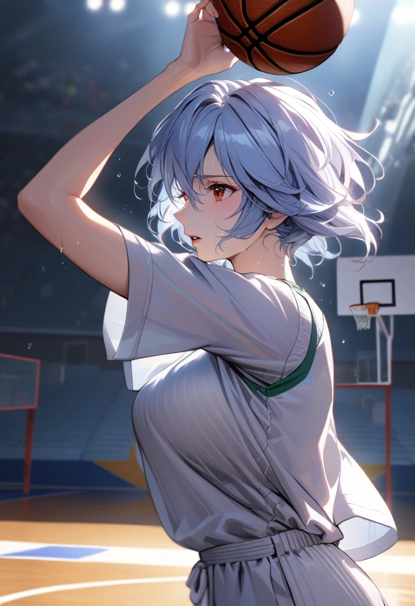 (Mastepiece, best quality, absurdres), close up shot, 1girl, ayanami rei, light blue hair, short hair, mature female, holding a basketball in one hand, lifting shirt with one hand, underboob, wearing a basketball jersey, basketball court, looking at wiewer, (exhausted, sweating), medium , 8k intricate illustration, dynamic pose, cinematic lighting, volumetric lighting, vibrant colors, ray tracing, intricate details, 