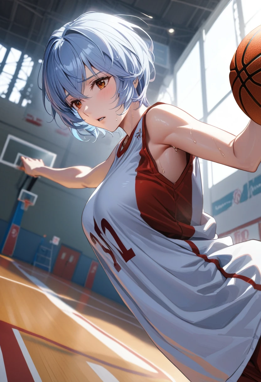 (Mastepiece, best quality, absurdres), close up shot, 1girl, ayanami rei, light blue hair, short hair, mature female, holding a basketball in one hand, lifting shirt with one hand, underboob, wearing a basketball jersey, basketball court, looking at wiewer, (exhausted, sweating), medium , 8k intricate illustration, dynamic pose, cinematic lighting, volumetric lighting, vibrant colors, ray tracing, intricate details, 