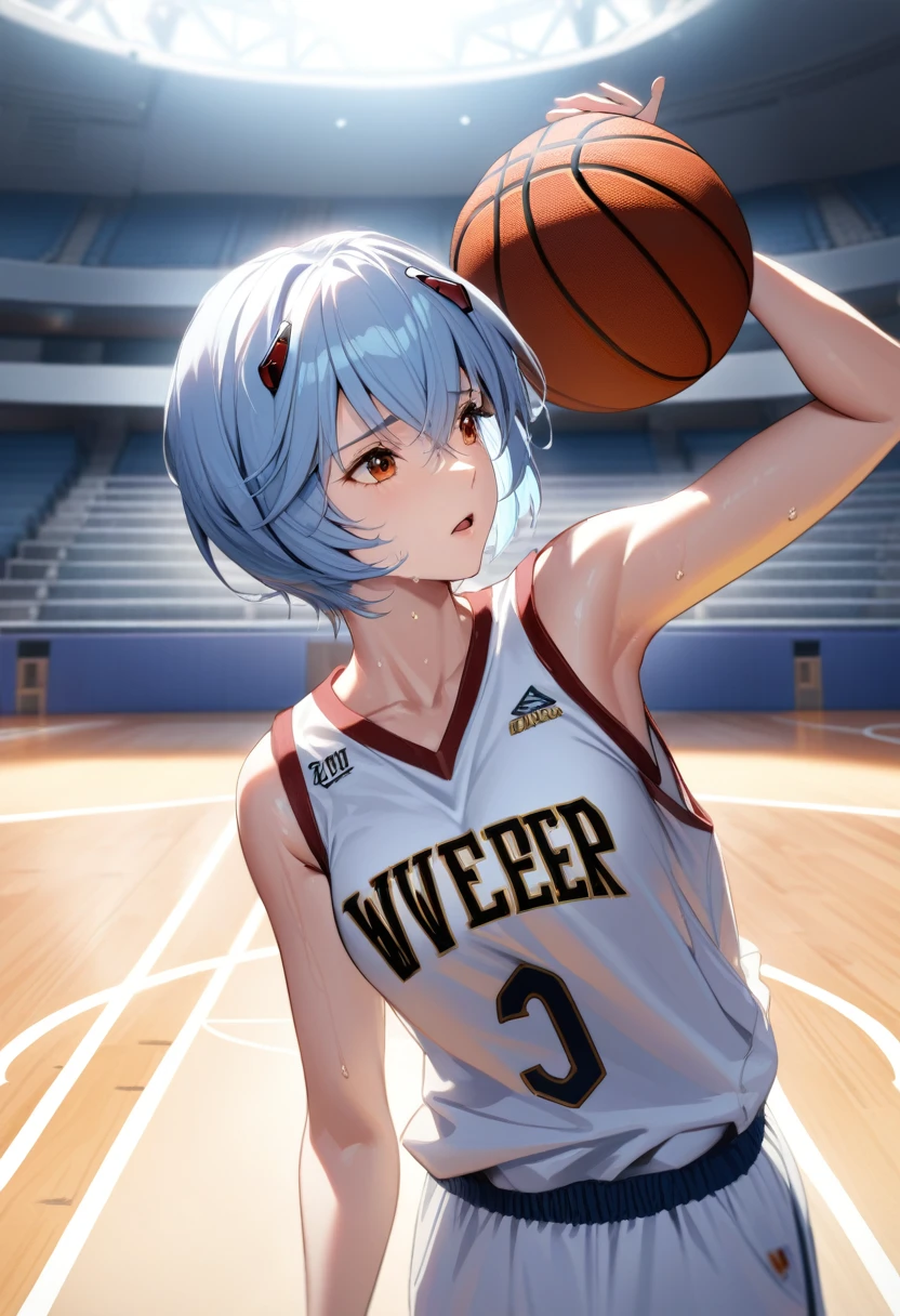 (Mastepiece, best quality, absurdres), close up shot, 1girl, ayanami rei, light blue hair, short hair, mature female, holding a basketball in one hand, lifting shirt with one hand, underboob, wearing a basketball jersey, basketball court, looking at wiewer, (exhausted, sweating), medium , 8k intricate illustration, dynamic pose, cinematic lighting, volumetric lighting, vibrant colors, ray tracing, intricate details, 