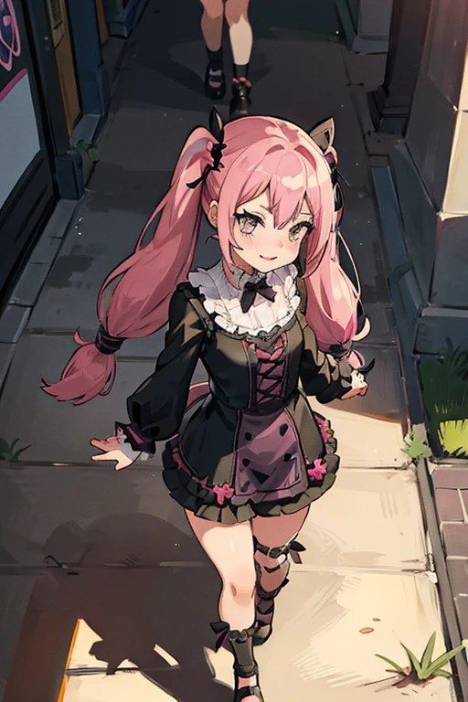 Young girl with pink hair, long twintail hairstyle, small bushy eyebrows, wearing gothic lolita clothes, lolicon (Zankuro) drawing style by zankuro artist, Zancrow style, image uploaded in R34, walking in the mall, flirty smile , suddenly having sex in public, ((doggy style sex)), ((public sex in a street)) naked ass in the male crotch, perfect anatomy, looking from above