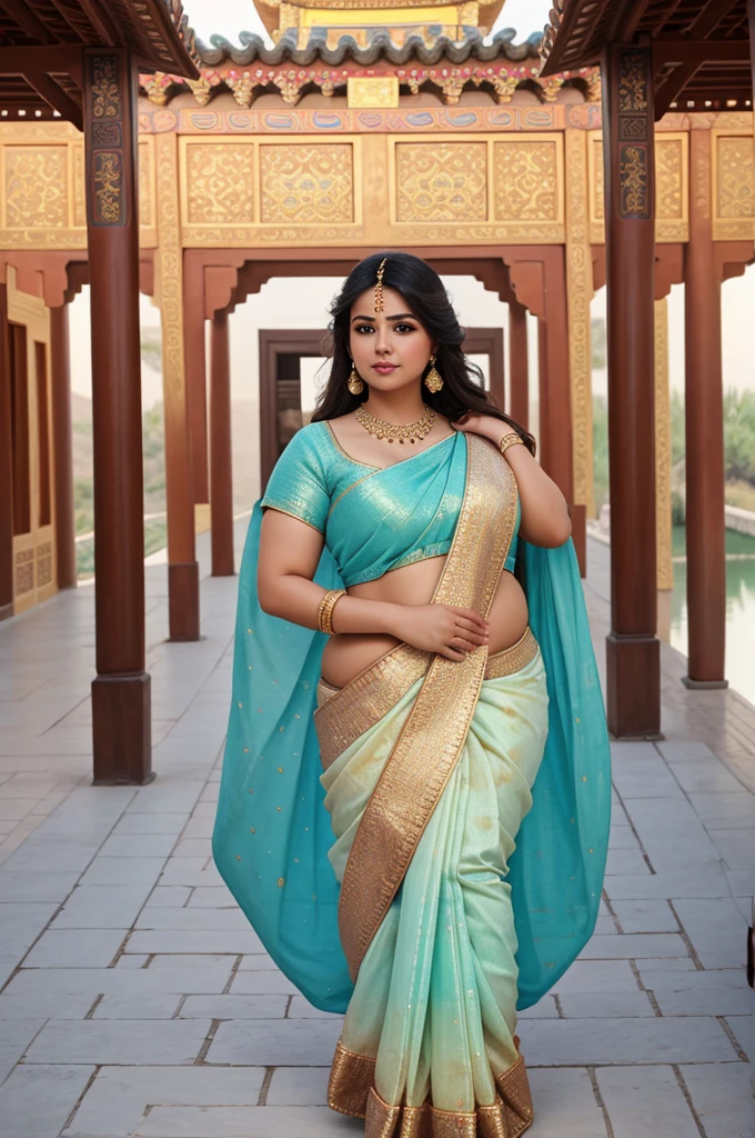 1 Heavenly beautiful and goddess beauty cute and sweet looking face Arabian female in front of Summer Palace, China, Heavenly beautiful Overweight, Heavenly beautiful Extremely fat, Heavenly beautiful and attractive Chubby figure , Heavenly beautiful looking and eye catching luxury style Bandhani Saree , reaching out, Heavenly beautiful Arabian woman, 16k, High resolution, masterpiece, highest quality, fine skin, outside view, Realistic Photograph, close up face view