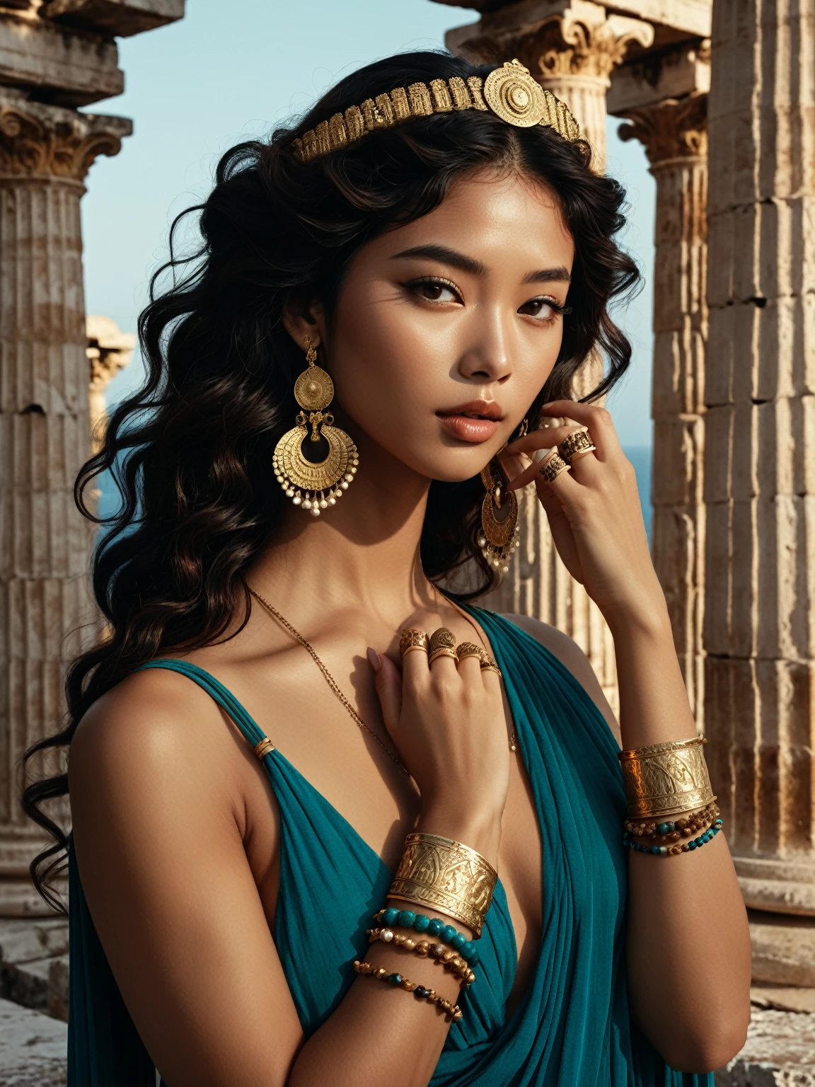 (??????????? 1.5) ((rear view 1.5)) a beautiful asian ?????????? ?????, ???, bronze skin, slim, legs spread apart, ((beautiful and very very detailed spine)) (anatomically correct, High precision human, highly detailed ?????? realistic skin) thighs and legs (RAW photo, nikon, 8k, Super detailed, advanced details, intricate details, Super detailed), (award winning photo, masterpiece), (photo-realistic) Photo in the style of: lee jeffries nikon d850 film 4 kodak portra 400 camera f1.6 lens, rich colors, hyper realistic, lifelike texture, dramatic lighting, cinestill 800 tungsten, Background: High contrast, lying on a teal silk draped stone slab in a ruined greek temple  a half-asian, asian-european, woman with black wavy hair in the style of a greek goddess. bronze skin. Aphrodite, goddess, divine aura, wearing ancient jewellery on upper arms, neck, wrists, fingers, (face in profile, looking over her shoulder into the distance with mouth open)
