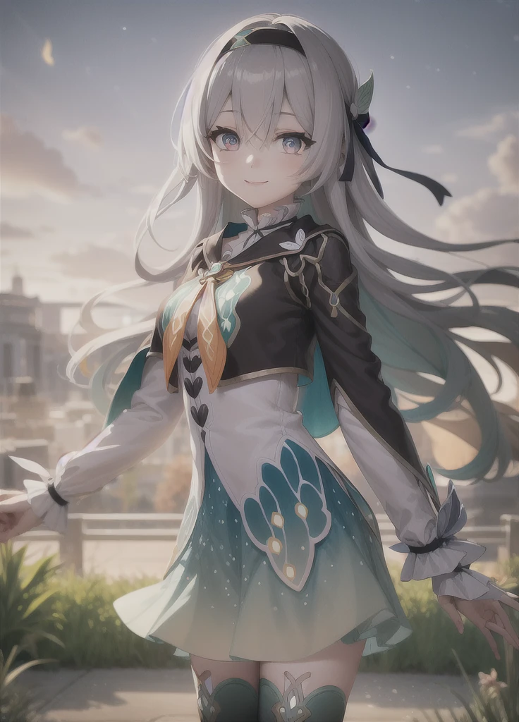 outdoors, sky,
firefly \(honkai: star rail\), 1girl, solo, dress, black hairband, long sleeves, long hair, purple eyes, capelet, looking at viewer, smile, hair between eyes, grey hair, thighhighs, green thighhighs, black thighhighs, closed mouth, multicolored eyes, white sleeves,