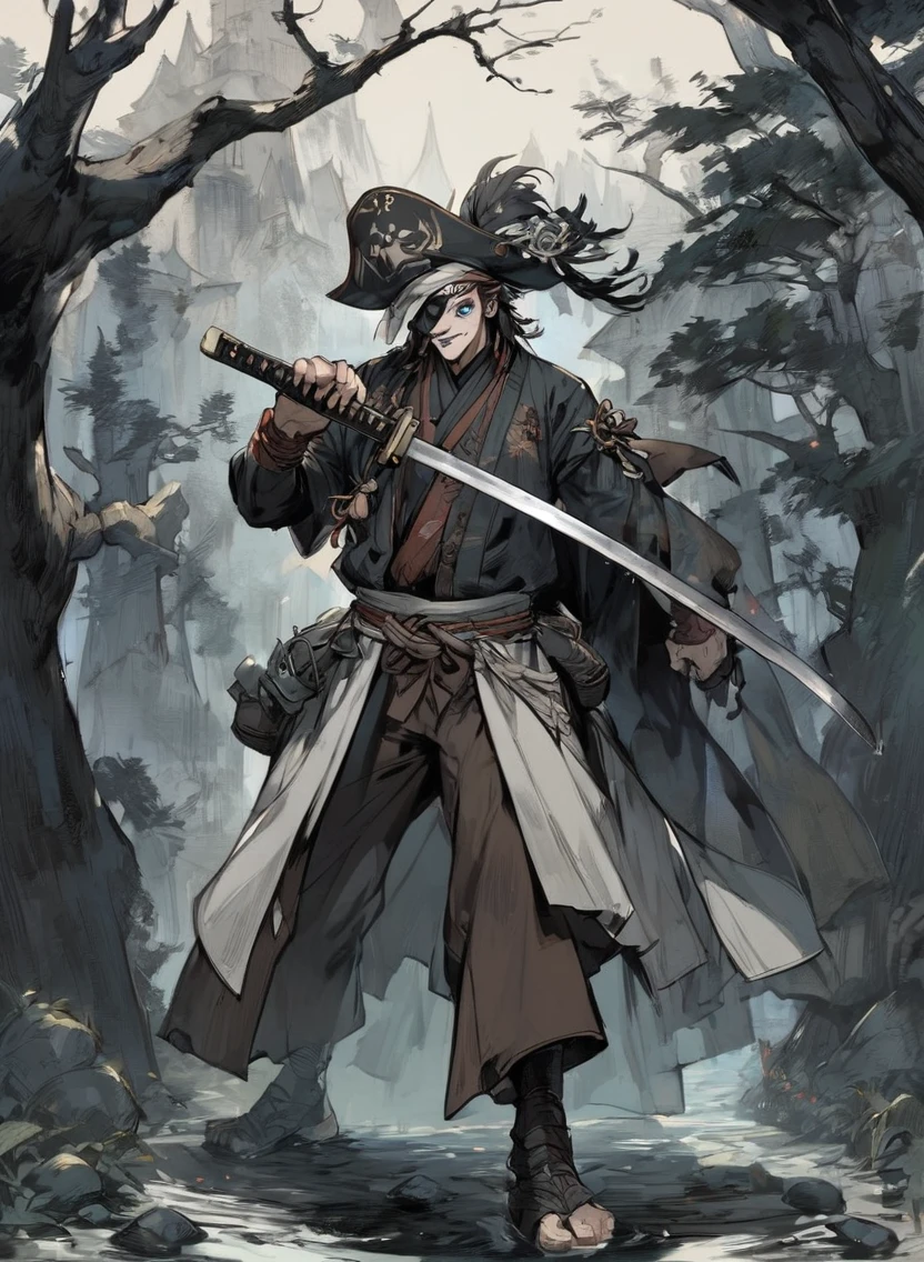 man ,Male Dark, dark Woods,dark colors, odd eye, samurai dnd, pirate background, hold katana in right hand