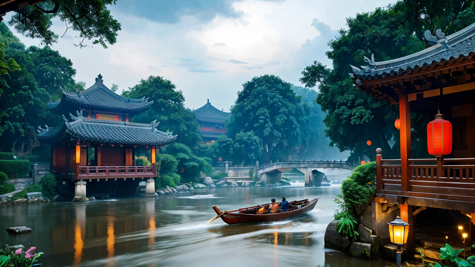 The Jiangnan ancient town has just finished raining, with a fresh scent lingering in the air. The river flows gently, flanked by classical Chinese buildings with white walls and black tiles, and red lanterns swaying under the eaves. A black-awning boat glides through the river, the boatman skillfully maneuvering the oars. A gentle breeze passes by, causing water droplets to fall from the leaves and eaves, creating ripples in the water. The sky is overcast with dark clouds, and distant scenes appear faint in the mist, making the entire scene peaceful and serene.