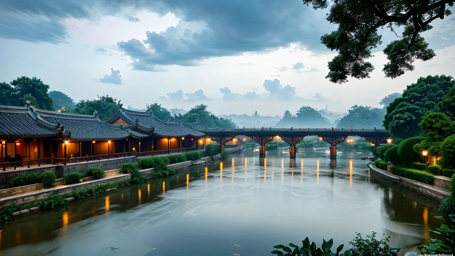 The Jiangnan ancient town has just finished raining, with a fresh scent lingering in the air. The river flows gently, flanked by classical Chinese buildings with white walls and black tiles, and red lanterns swaying under the eaves. A black-awning boat glides through the river, the boatman skillfully maneuvering the oars. A gentle breeze passes by, causing water droplets to fall from the leaves and eaves, creating ripples in the water. The sky is overcast with dark clouds, and distant scenes appear faint in the mist, making the entire scene peaceful and serene.