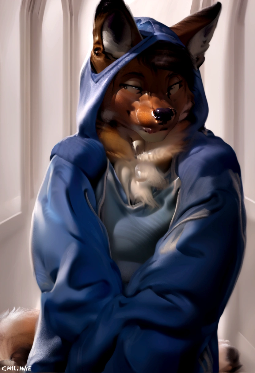 arafed wolf wearing a blue hoodie and a black hat, in a hoodie, thick furry neck and chest fluff, commission for high res, wearing a hoody, wearing a hoodie, wearing a blue hoodie, furry wolf, furry chest, casually dressed, furry fursona, an anthro wolf, pov furry art, fursona furry art commission, dressed casually