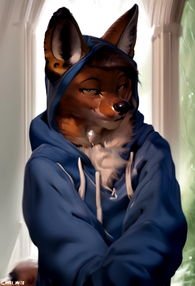 arafed wolf wearing a blue hoodie and a black hat, in a hoodie, thick furry neck and chest fluff, commission for high res, wearing a hoody, wearing a hoodie, wearing a blue hoodie, furry wolf, furry chest, casually dressed, furry fursona, an anthro wolf, pov furry art, fursona furry art commission, dressed casually