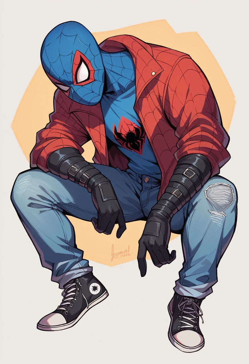 Draw vintage style of Spider-man wearing his mask and gloves, but wearing a blue oversize crewneck sweather, blue oversize jeans and black converse, art, aesthetic