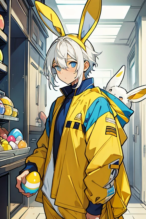 Small young man white hair blue eyes wearing yellow bunny costume with colored eggs 