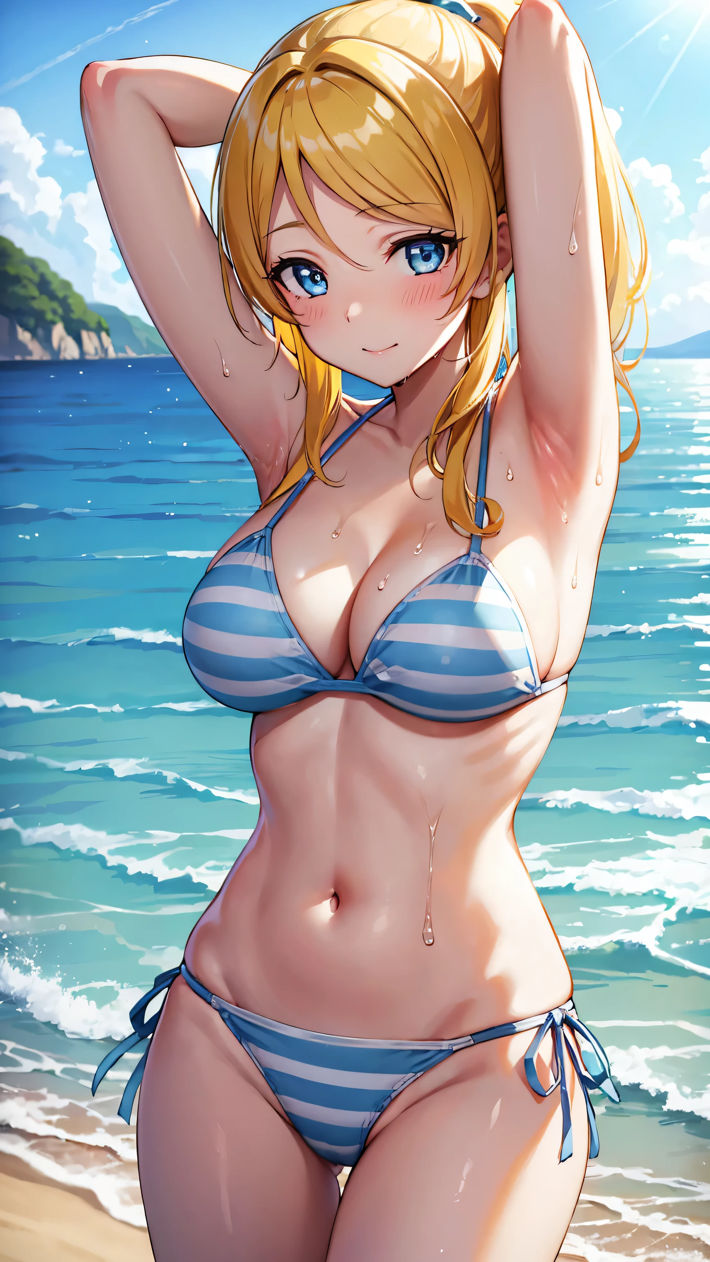 1girl, eliayase, eli ayase, yellow hair, blue eyes, ponytail, hair ribbon, (blush:1.2), smile,
BREAK (Place your hands on your thighs:1.2), (string bikini:1.3), (light blue and white striped swimwear:1.3), huge breasts, Naked, Exposed skin, (Wet skin:1.5), (arms behind head, armpits), standing,
BREAK (sea:1.2), (beach:1.1), (solar:1.2), morning,
BREAK looking at viewer,
BREAK (masterpiece:1.2), best quality, high resolution, unity 8k wallpaper, (illustration:0.8), (beautiful detailed eyes:1.6), extremely detailed face, perfect lighting, extremely detailed CG, (perfect hands, perfect anatomy)