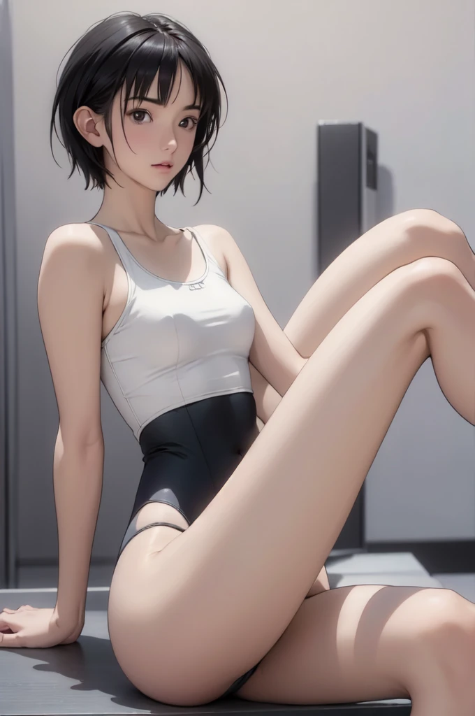 ((masterpiece, best quality)),((highres:1.2)), 1 Girl, solo, Blurred Background, (((Small breasts))), Thighs, (Stripe underwear), ((pixie cut:1.3)), (One piece swimsuit), pool, leg Spread