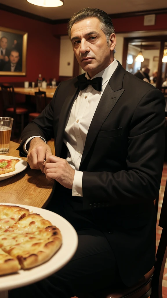 Giorgio Mannochio, Mannochio crime family capo, Italian American mob capo, son of Salvatore Mannochio, 58 years old, sitting in a pizzeria, 2013, in Rhode Island, GTA 4 style