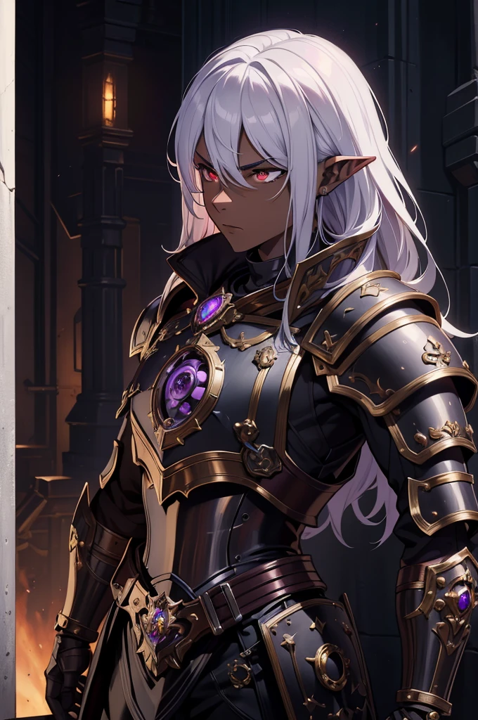 masterpiece, best quality, ultra high res, dark theme, 1boy, (dungeonpunk armor), (mechanical steampunk armor), (wearing armor), fantasy illustration, dark skinned, human, upper body, portrait, red eyes, long white hair, half-drow, pointy ears, serious face, young man, dramatic lighting, purple hue, art by Kinema Citrus