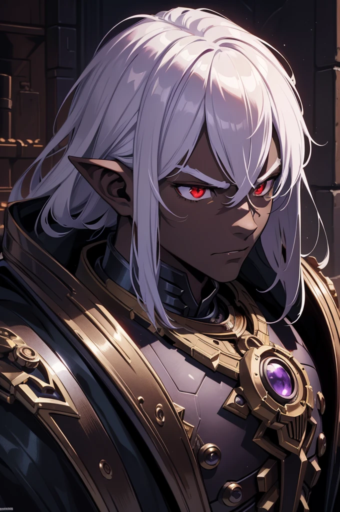 masterpiece, best quality, ultra high res, dark theme, 1boy, (dungeonpunk armor), (mechanical steampunk armor), (wearing armor), fantasy illustration, dark skinned, human, upper body, portrait, red eyes, long white hair, half-drow, pointy ears, serious face, young man, dramatic lighting, purple hue, art by Kinema Citrus