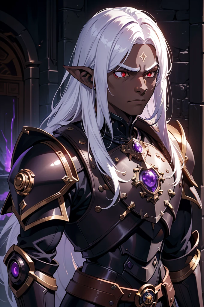 masterpiece, best quality, ultra high res, dark theme, 1boy, (dungeonpunk armor), (mechanical steampunk armor), (wearing armor), fantasy illustration, dark skinned, human, upper body, portrait, red eyes, long white hair, half-drow, pointy ears, serious face, young man, dramatic lighting, purple hue, art by Kinema Citrus