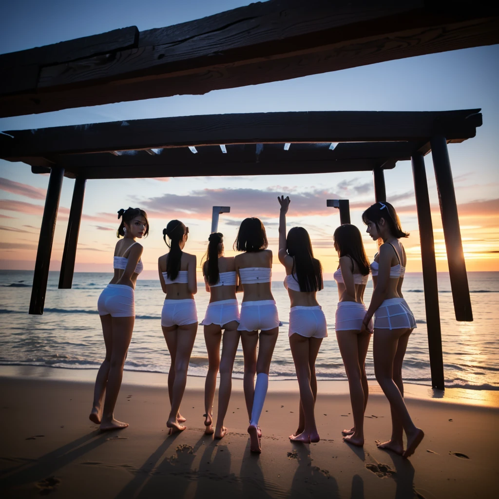 ((ExtremelyDetailed (12 KAWAII Girls in a row:1.37) at Dusk Enoshima Beach)), (masterpiece TopQuality) (photorealistic:1.37), {(Standing Full Body:1.2)|(from below:1.2)}, Different types of hair colors, {School Uniform|naked bandage|tutu}, PUNIPUNI, Joyful Expressions LifeLike Rendering, PerfectLighting, (nipples:0.8)